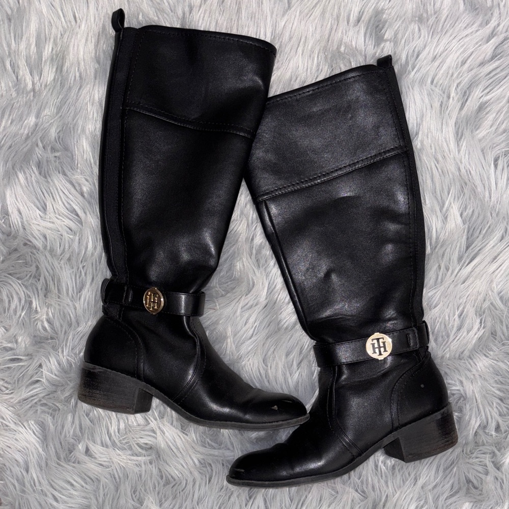 Tommy Hilfiger Black Leather Knee-High Boots with Gold Logo